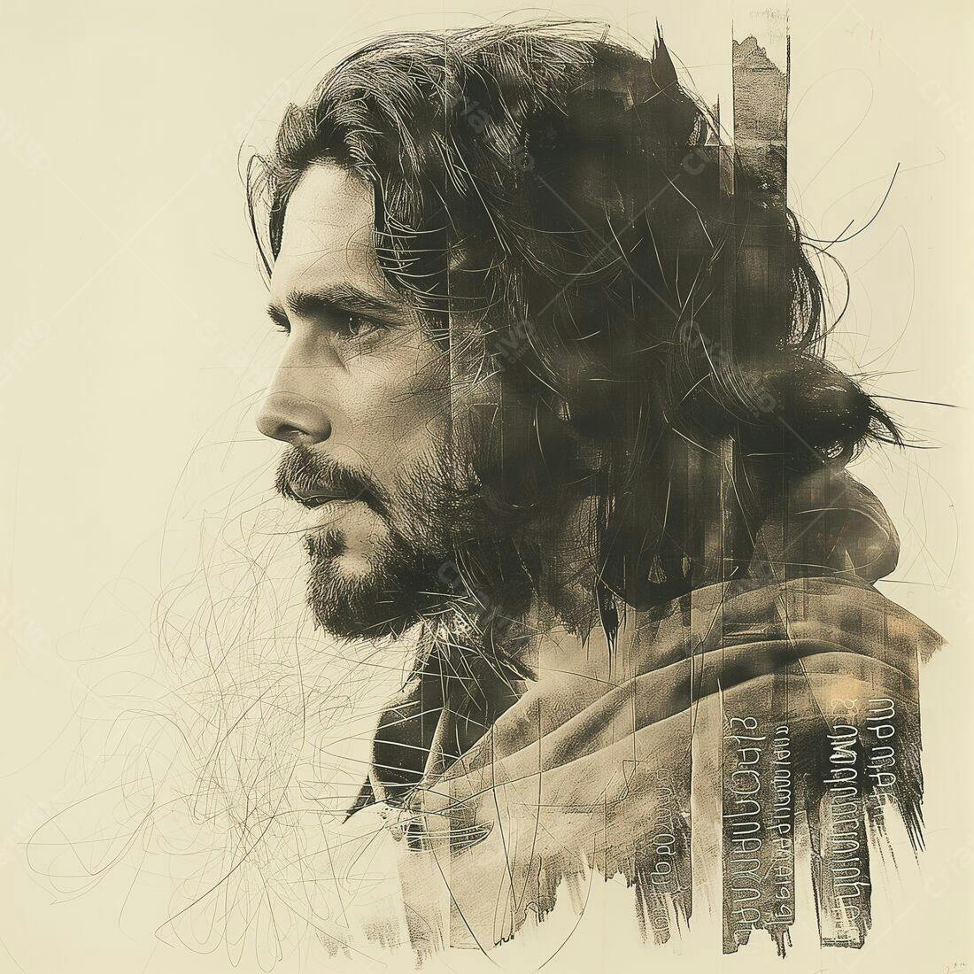Retrato de homem barbudo com cabelos longos estilo sépia