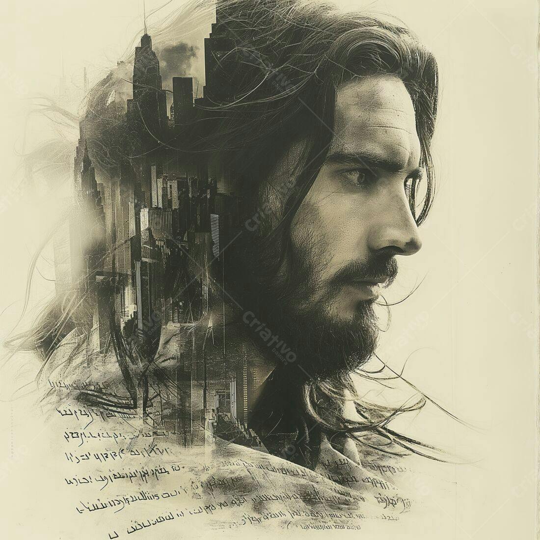 Retrato masculino com sobreposição de cidade