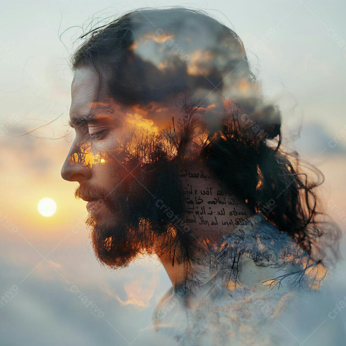 Homem com barba contemplando o pôr do sol