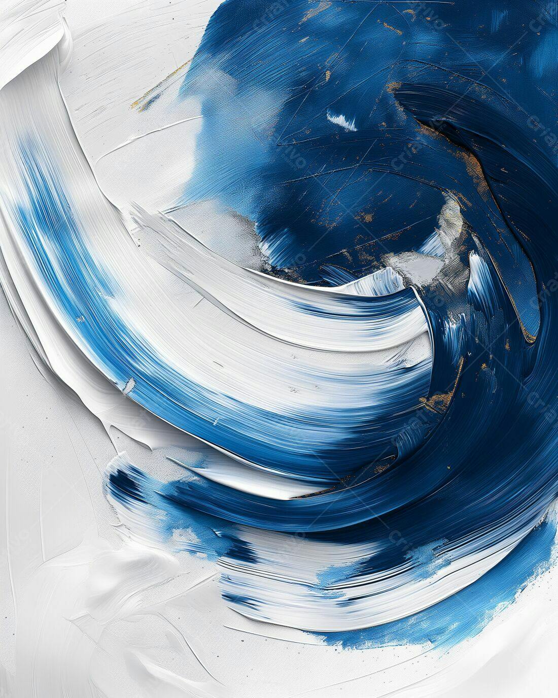 Pintura Abstrata Azul e Branco com Toques Dourados