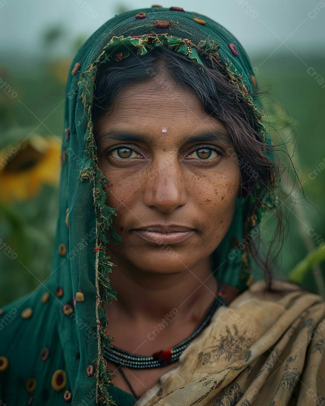 Mulher indiana com véu verde em campo de girassóis