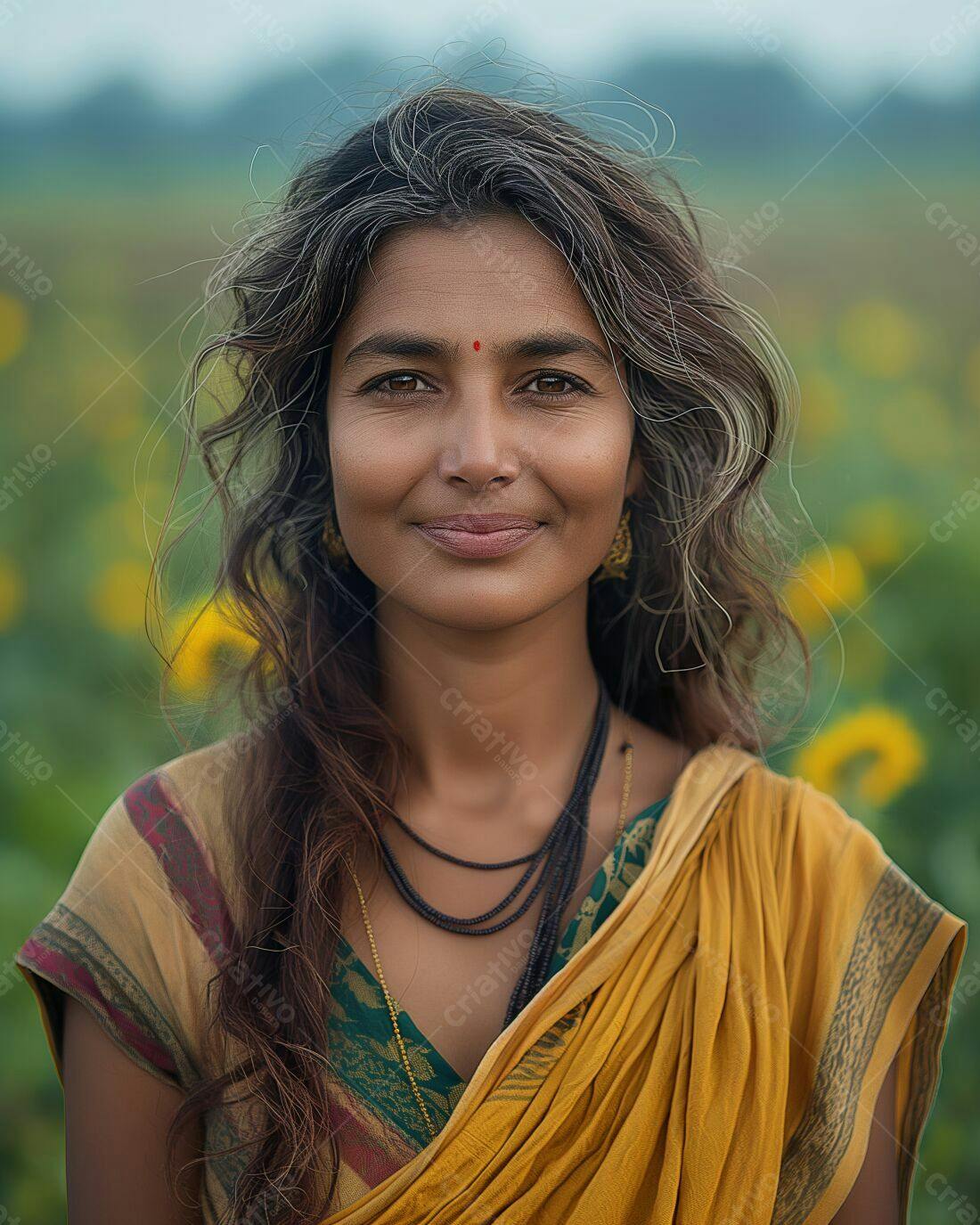 Mulher indiana sorrindo em campo de girassóis
