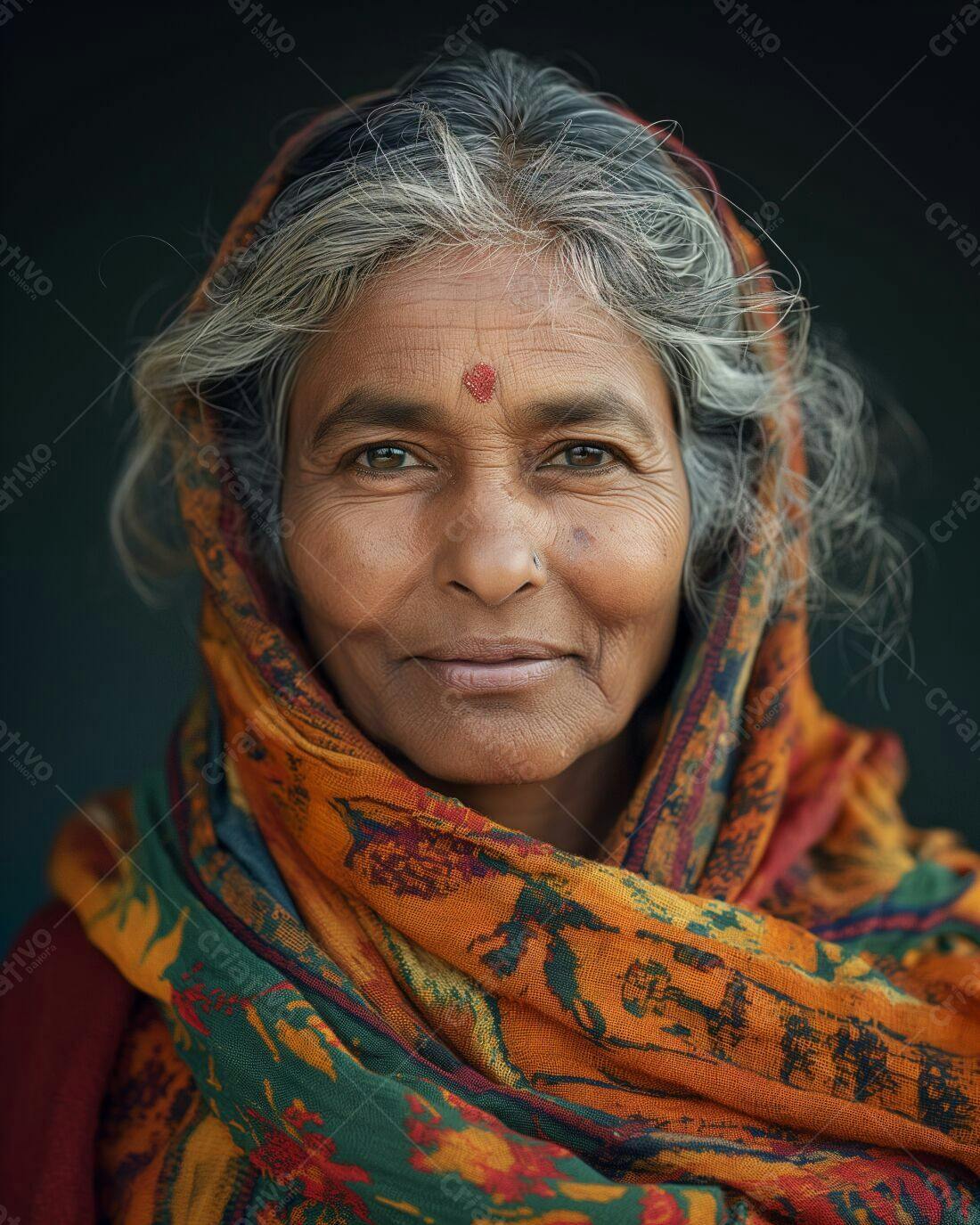 Mulher idosa com véu laranja e verde