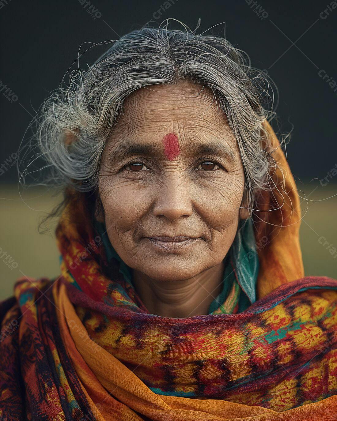 Mulher idosa com véu colorido e bindi