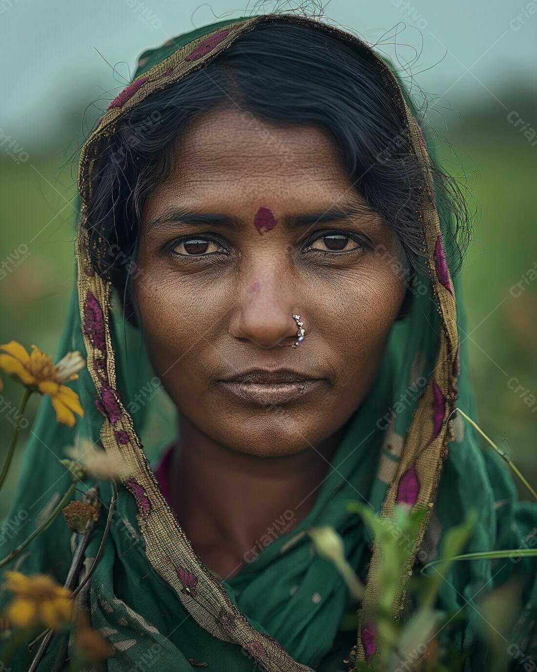 Mulher indiana com véu verde e flores