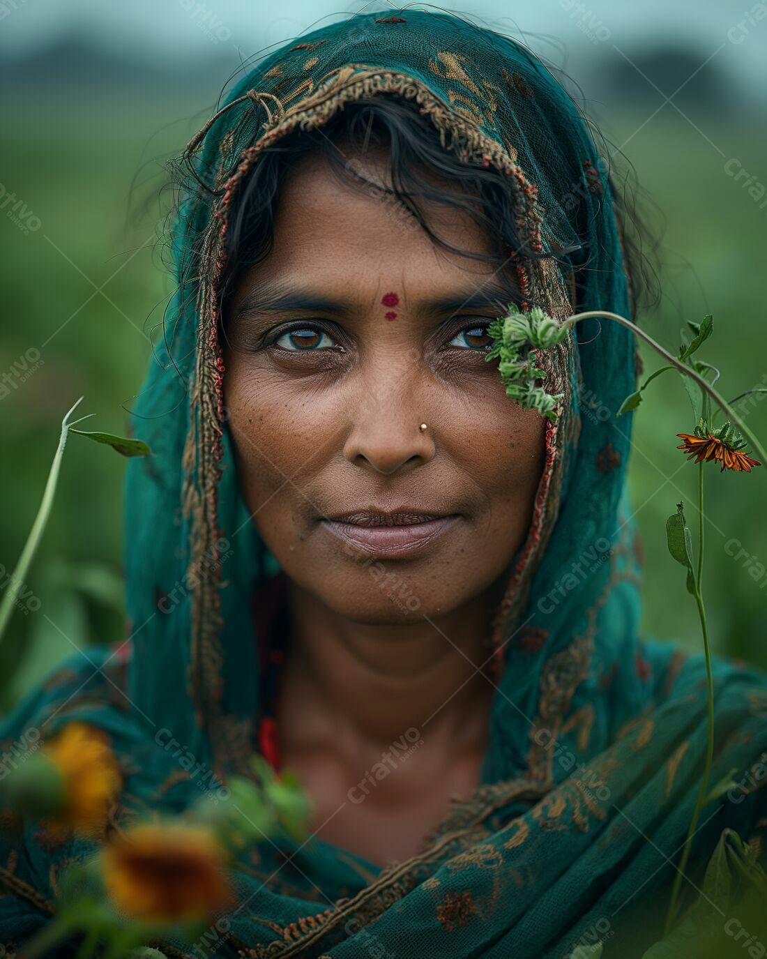 Mulher indiana em campo com flores