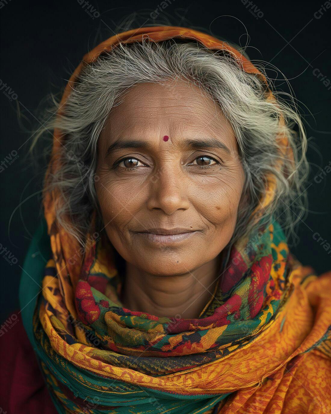 Mulher idosa com véu colorido sorrindo