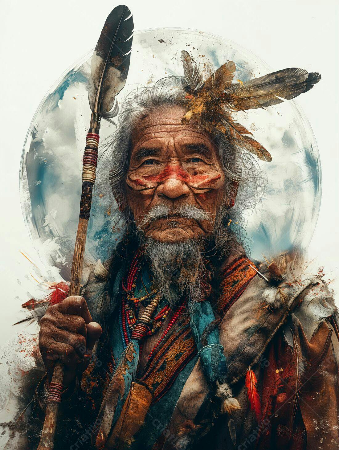 Elder indígena com lança e penas