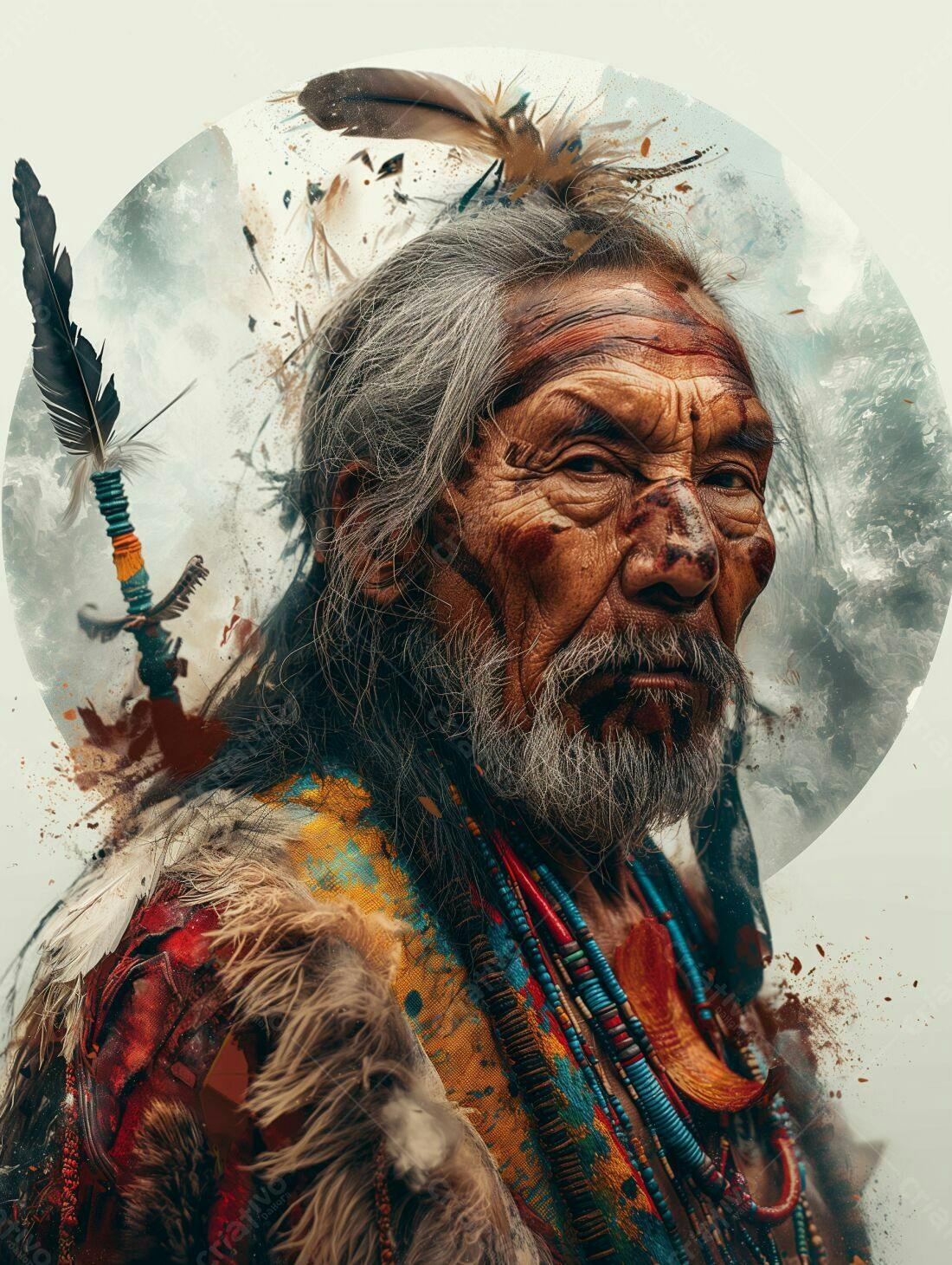 Elder Indígena com penas e colares