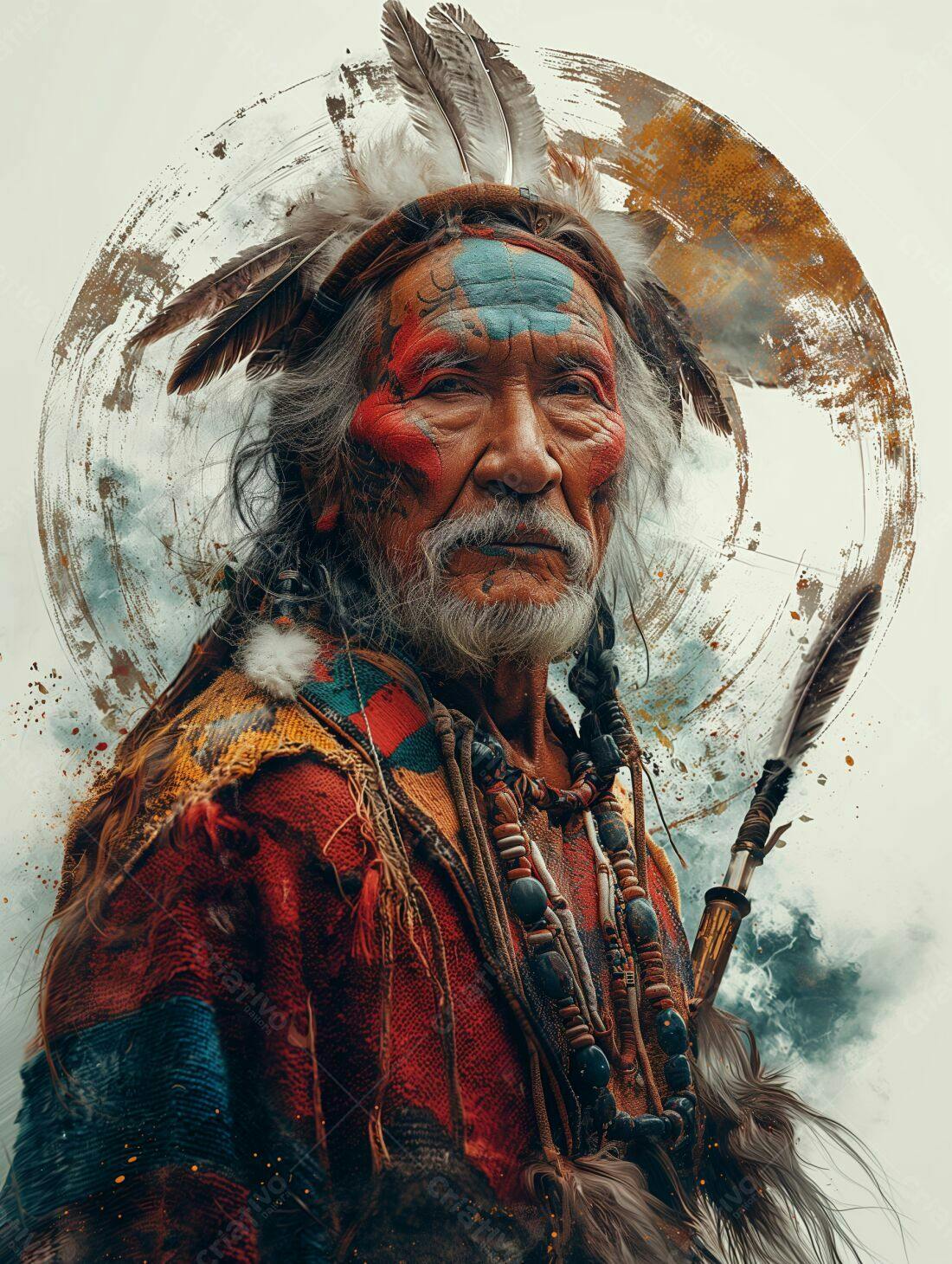 Elder Nativo Americano com pintura facial e penas