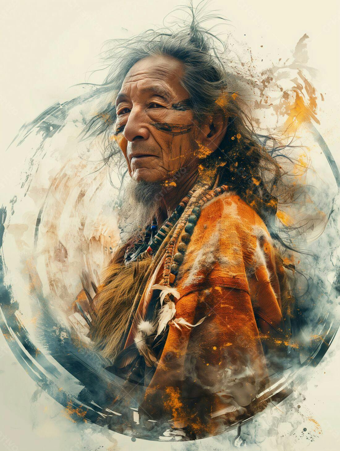 Elder Indígena com pintura facial e trajes tradicionais