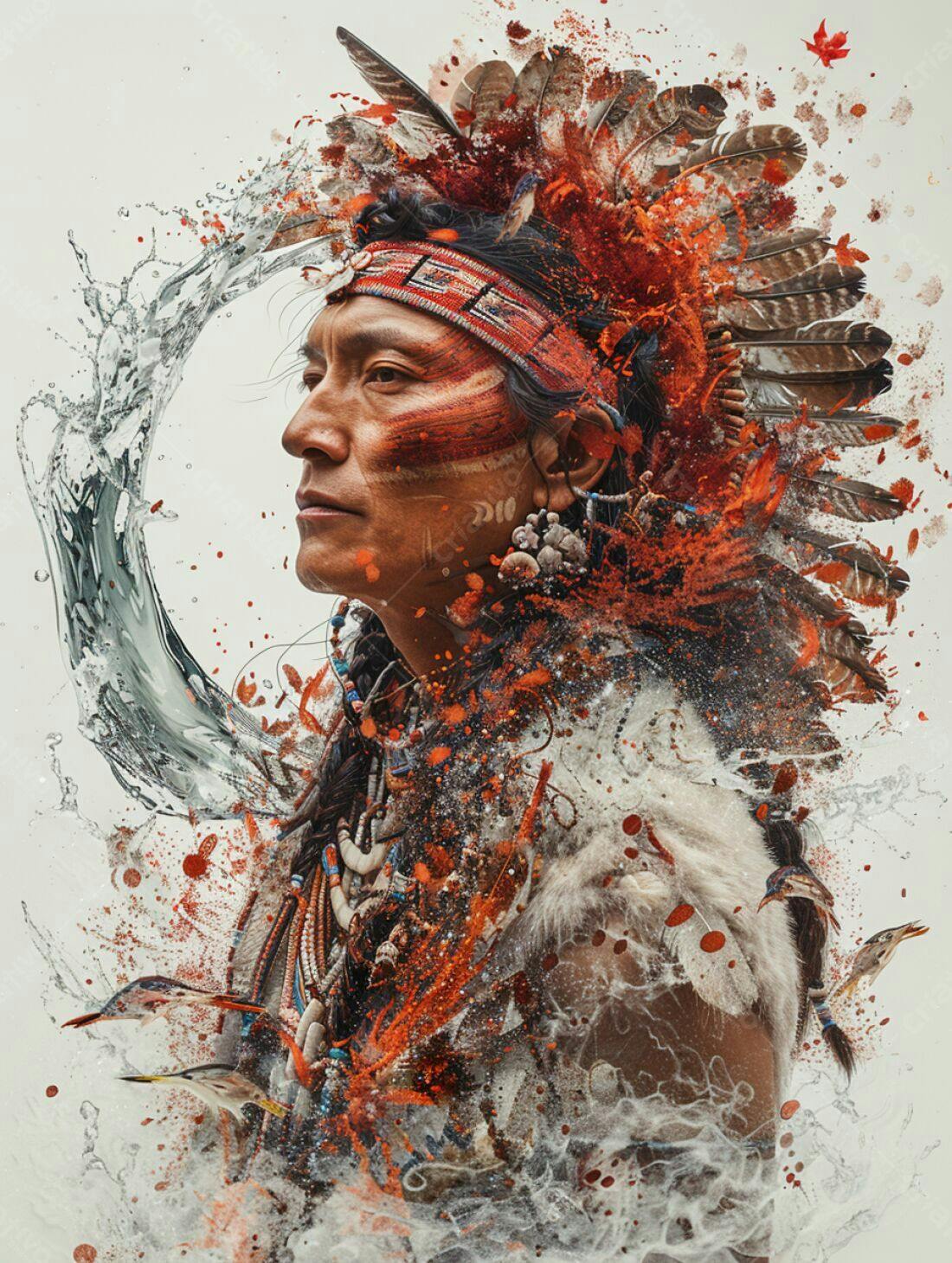 Indígena com Penas e Água retrato artístico