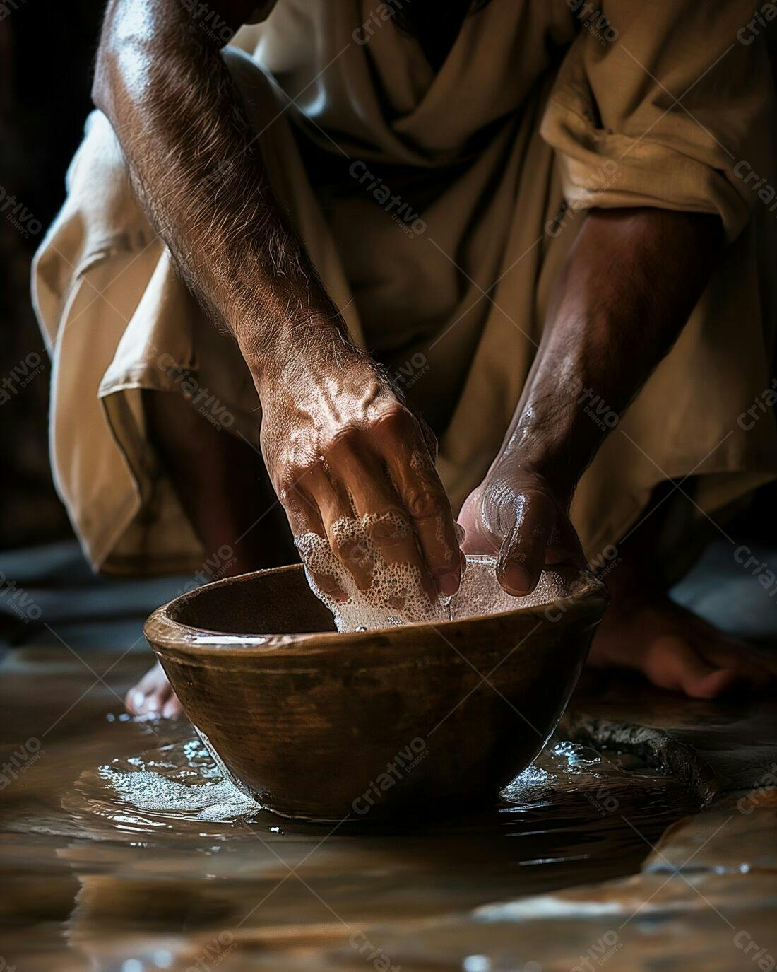 Mãos lavando-se em bacia de madeira