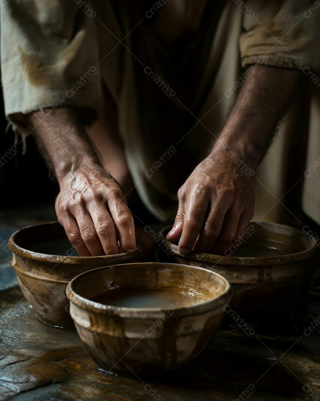 Mãos lavando tigelas de barro