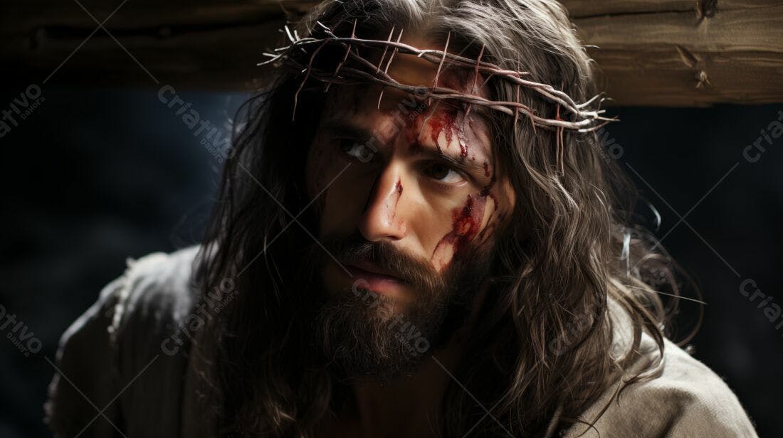 Jesus Cristo com coroa de espinhos e ferimentos