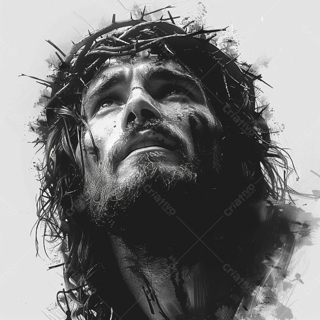 Jesus Cristo com coroa de espinhos em tons de cinza
