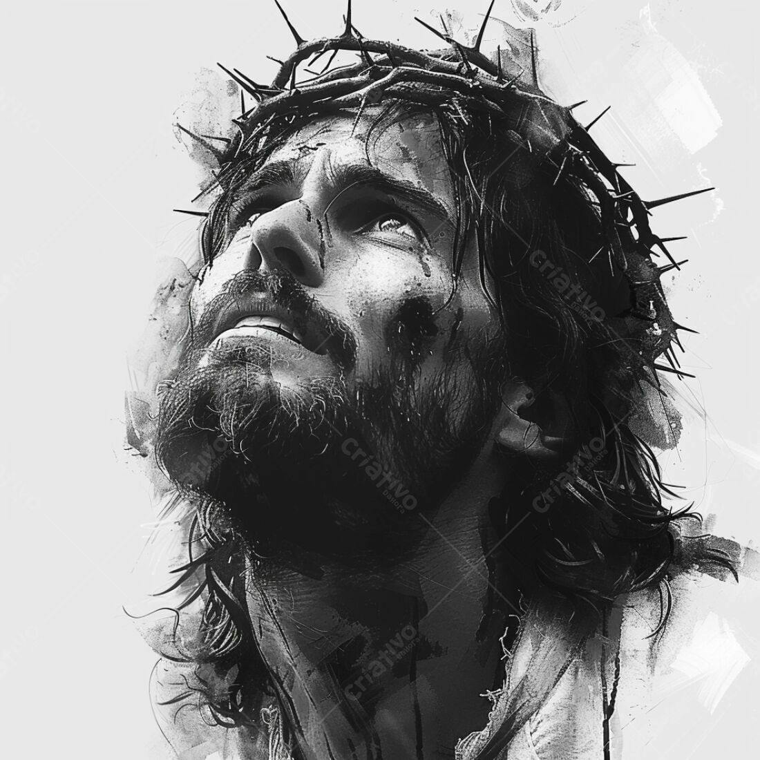Jesus Cristo com coroa de espinhos em preto e branco