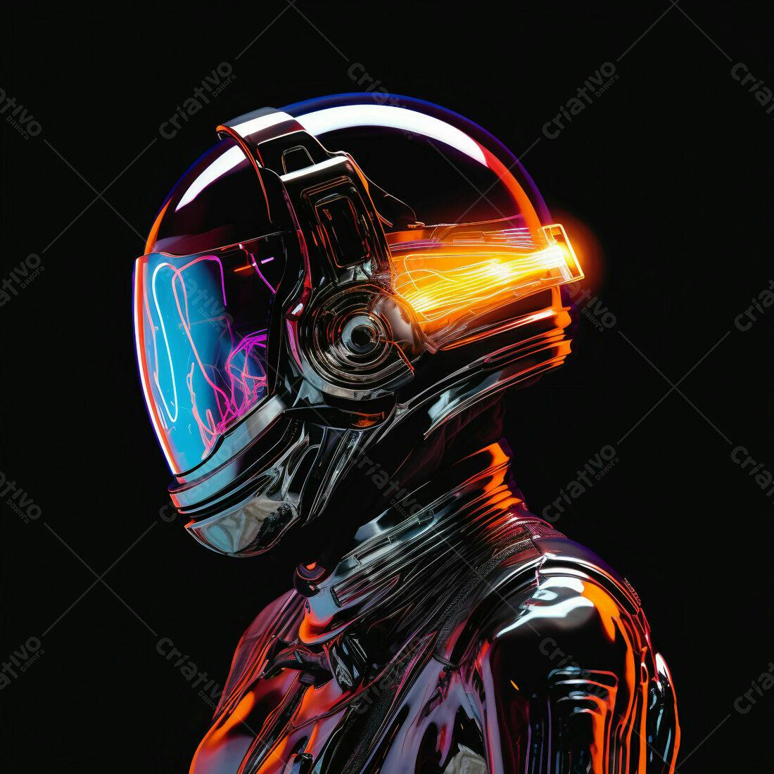 Astronauta futurista em traje metálico