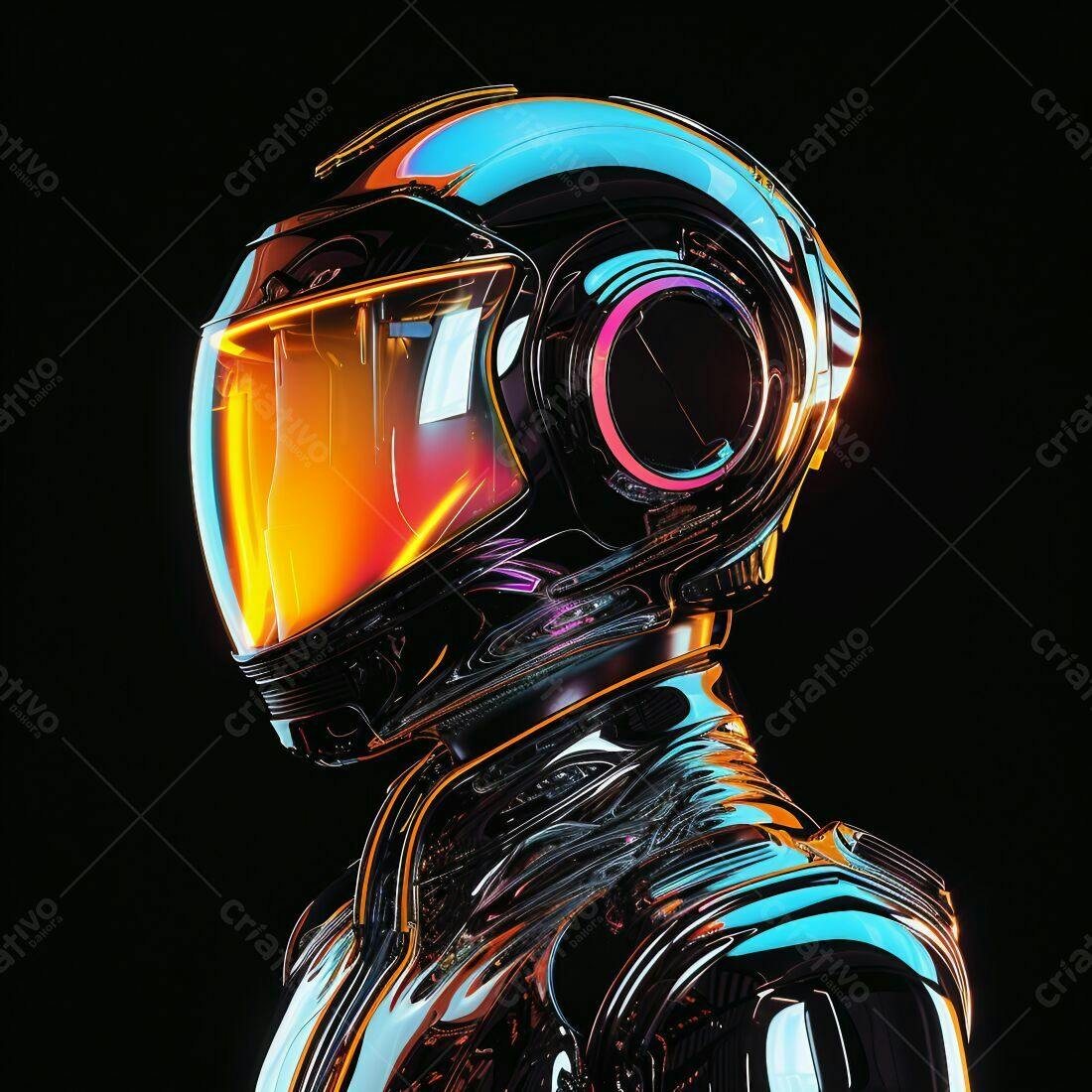 Astronauta futurista em traje metálico