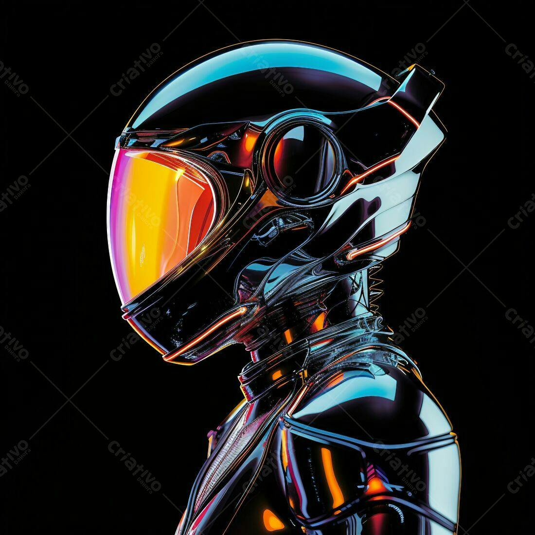 Astronauta futurista em traje metálico
