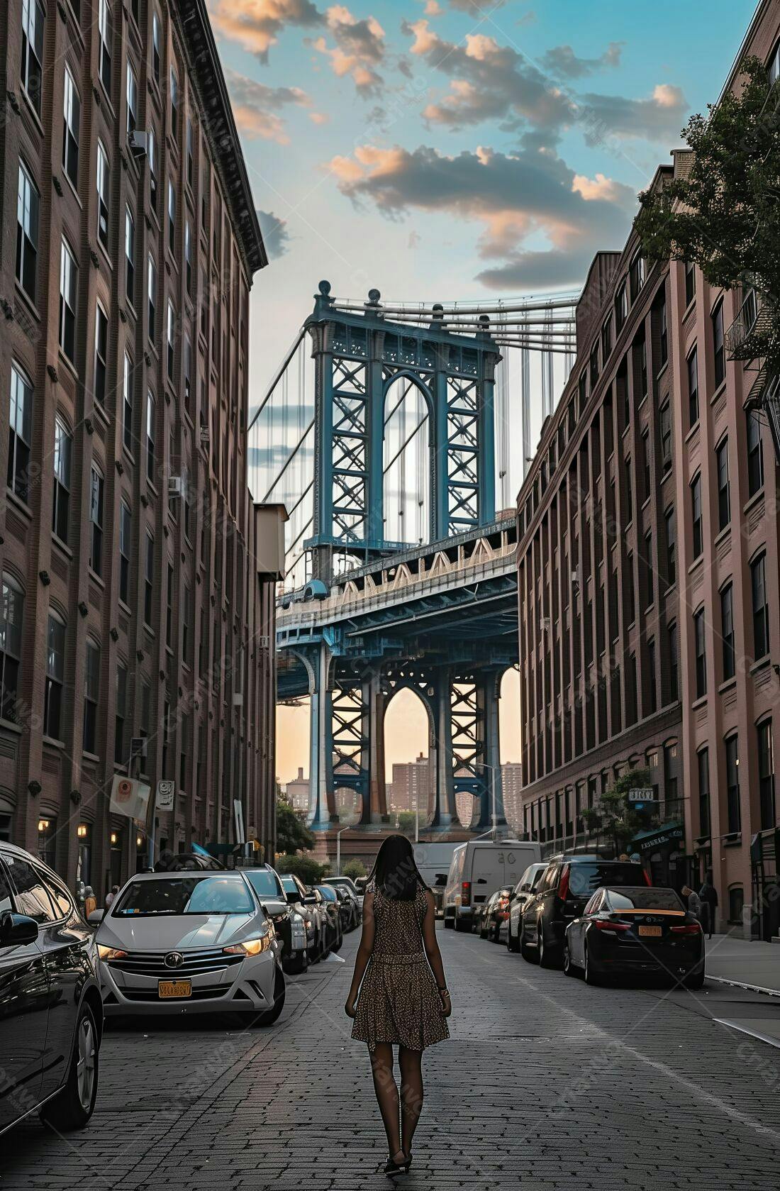 Mulher caminhando em rua de NY com Manhattan Bridge