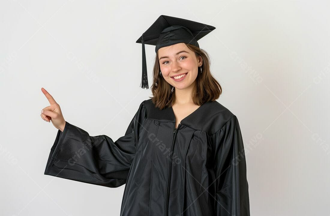 Formanda apontando para o lado sorrindo