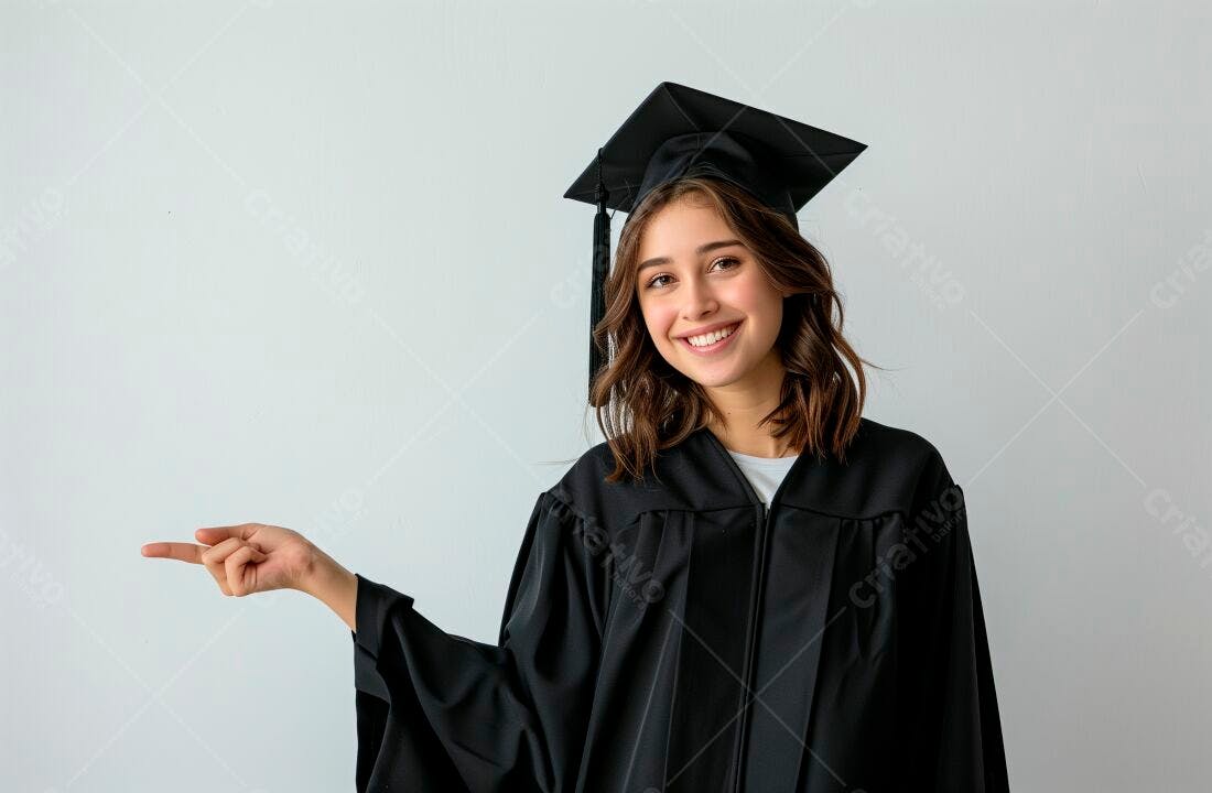 Formanda apontando para o lado sorrindo