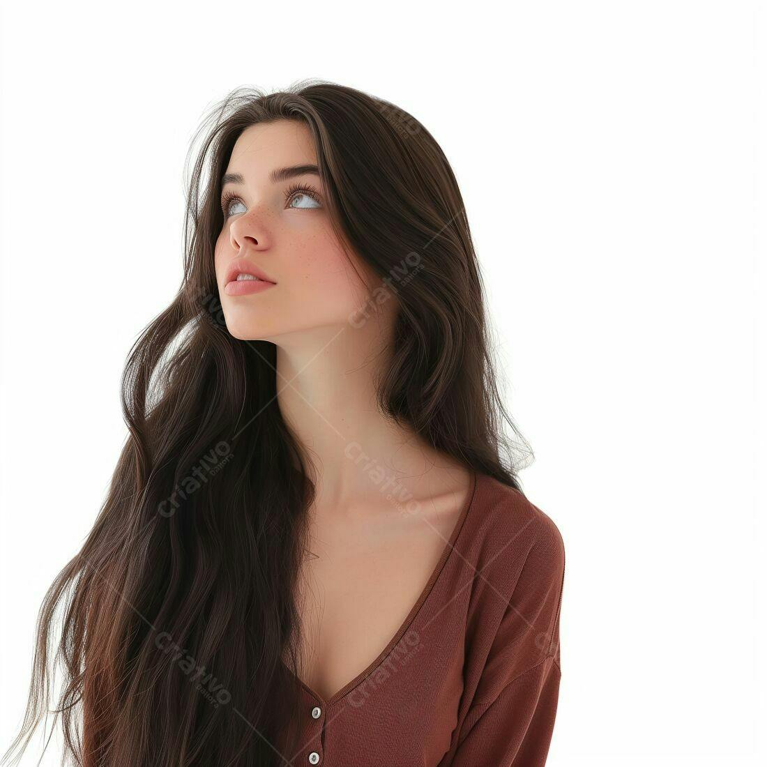Modelo mulher jovem cabelo longo marrom olhando para cima