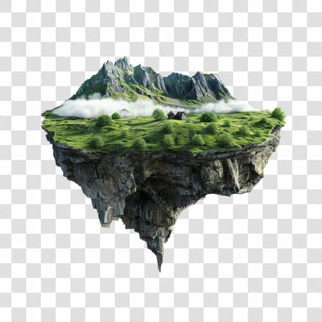 PNG Ilha Flutuante Paisagem com Casas PNG com fundo transparente