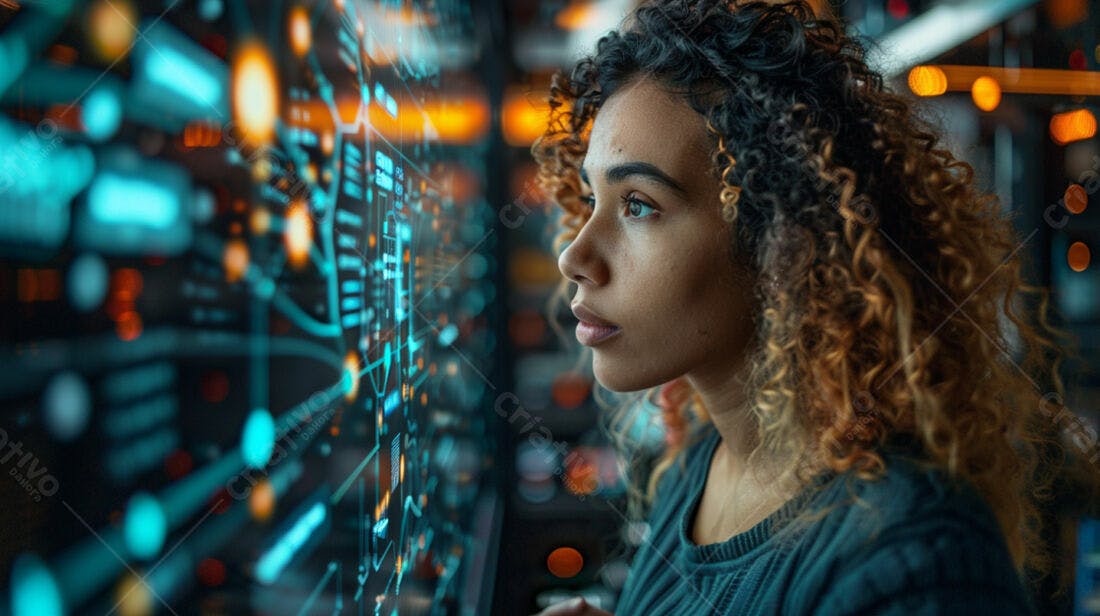 Mulher analisando dados em tela futurista