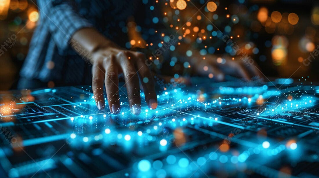 Mãos interagindo com interface digital azul