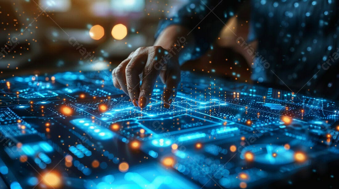 Mão interagindo com interface digital azul