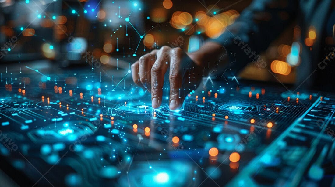 Mão interagindo com interface digital azul