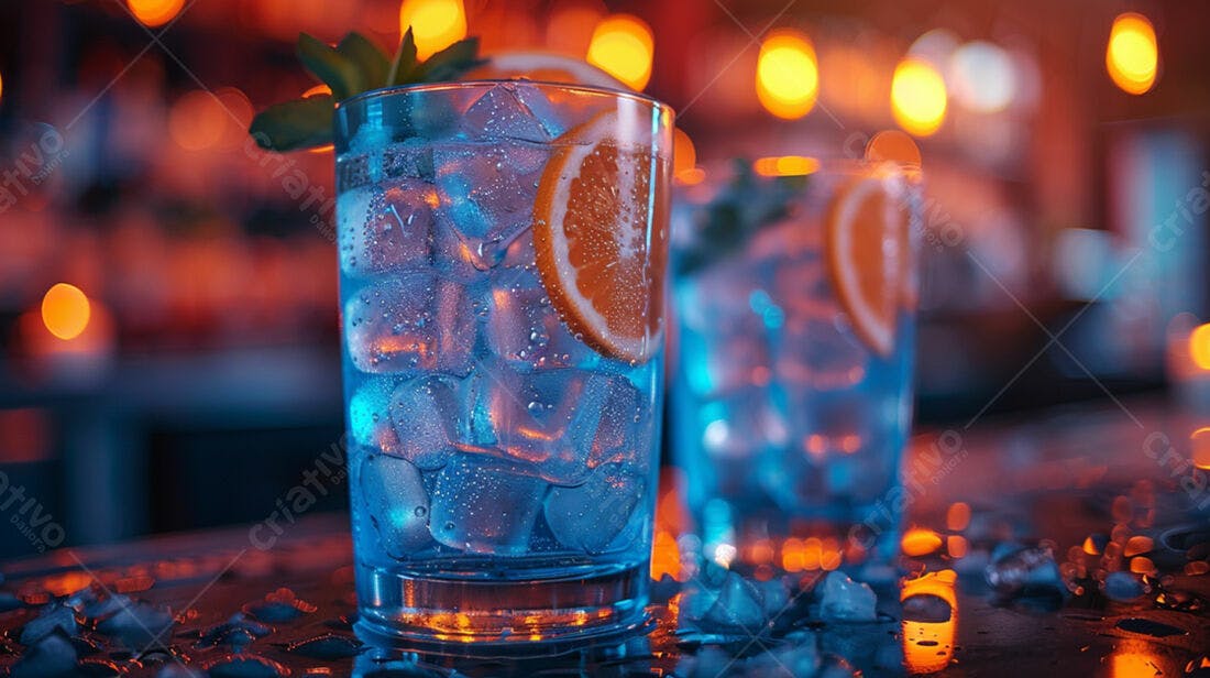 Drink azul com gelo e laranja em bar