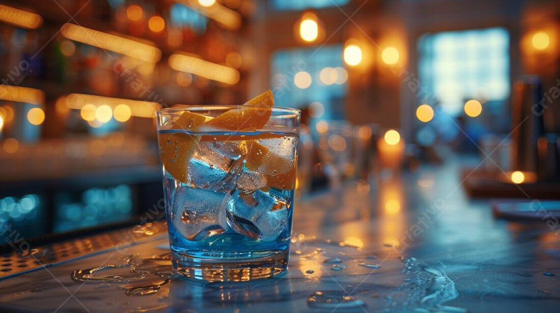 Drink azul com gelo e laranja em bar