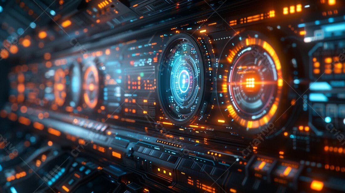 Painel futurista nave espacial cores laranja azul