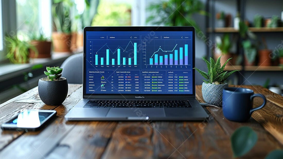 Laptop com gráficos de negócios em mesa de madeira