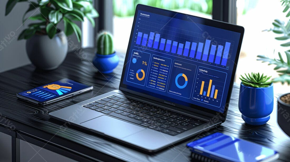 Laptop com gráficos de negócios em mesa moderna