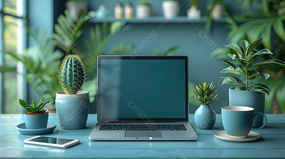 Notebook plantas mesa azul escritório moderno