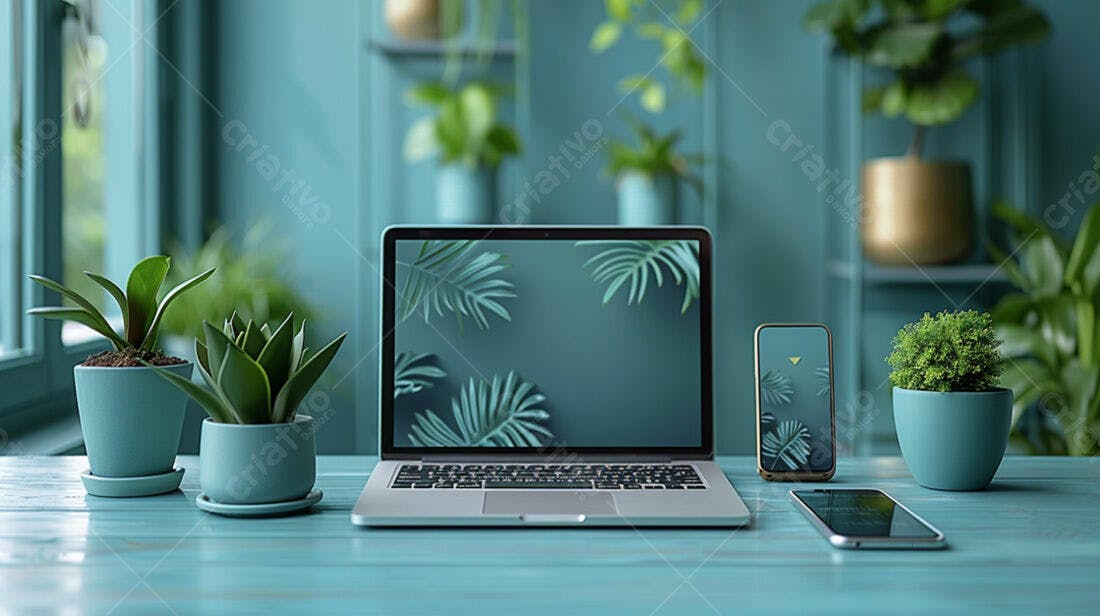 Mesa de trabalho moderna com plantas e tecnologia