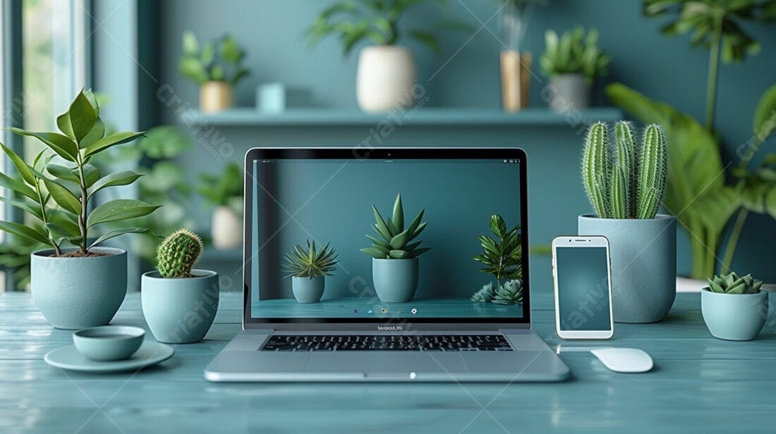 Mesa de trabalho minimalista com plantas e laptop