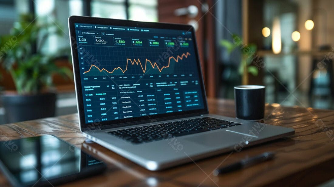 Laptop com gráficos de investimentos em mesa de madeira