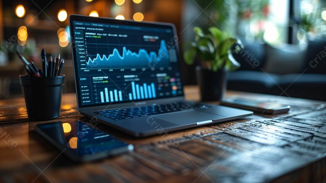 Laptop com gráficos financeiros em mesa de madeira