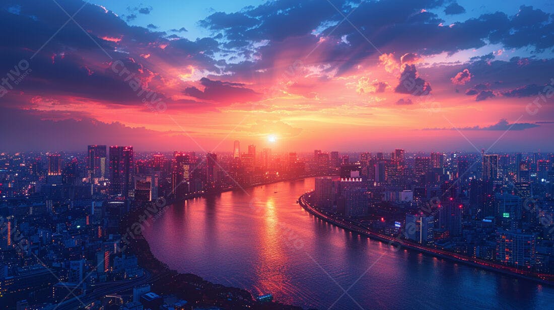 Por do Sol Rosa sobre Cidade Asiática