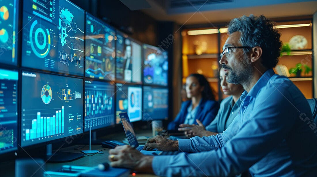 Equipe analisando dados em painel de telas
