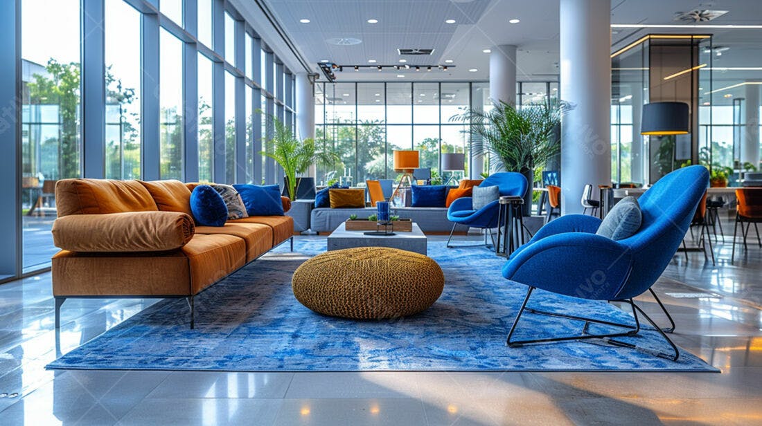 Sala de espera moderna tons azuis e laranja