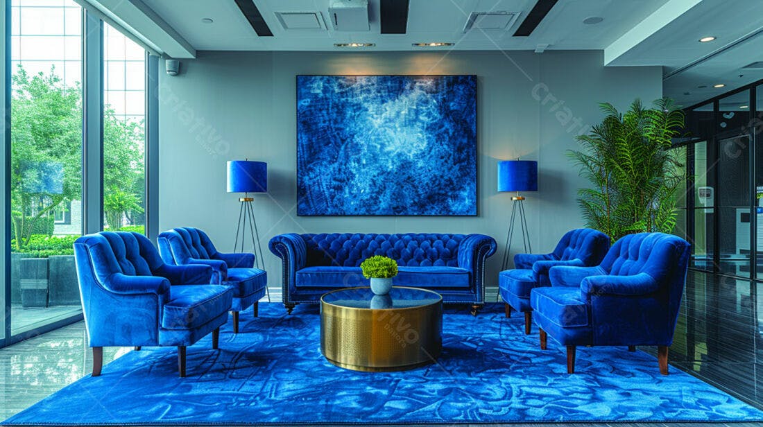 Sala de estar azul sofisticada com sofá e poltronas