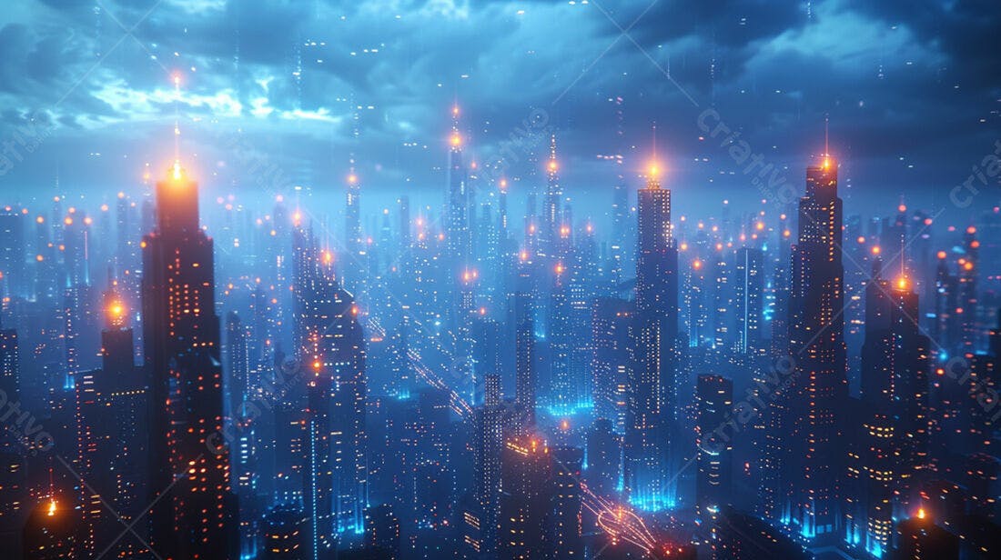 Cidade futurista noturna luzes azuis e laranjas
