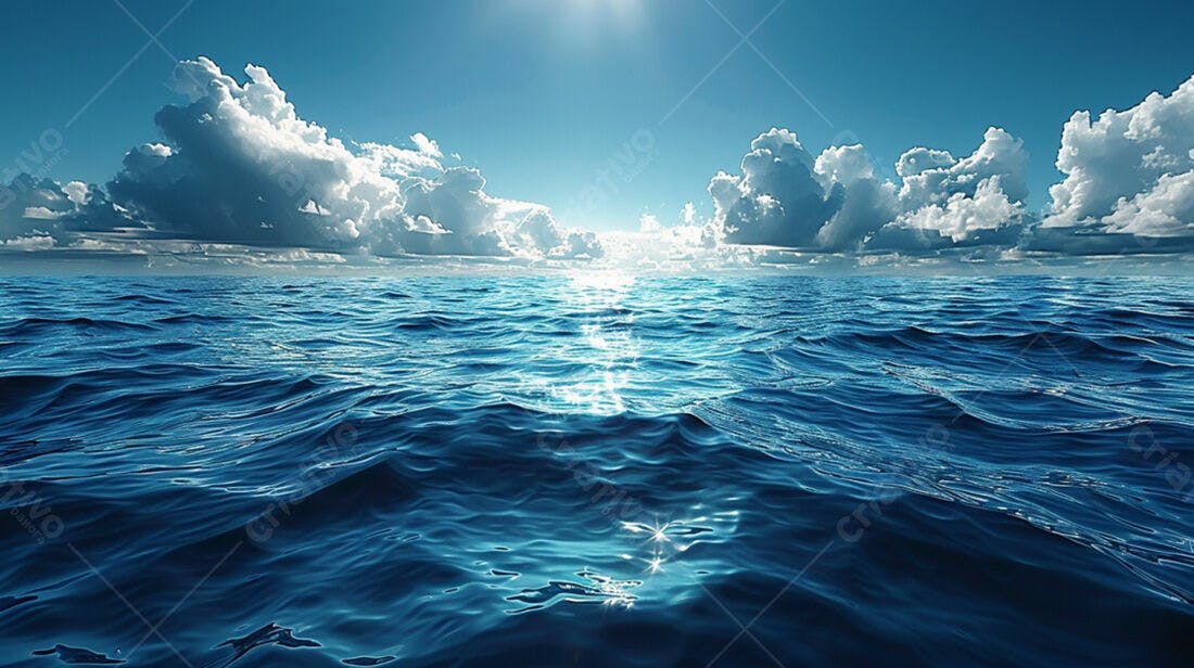 Mar azul sob céu nublado ensolarado