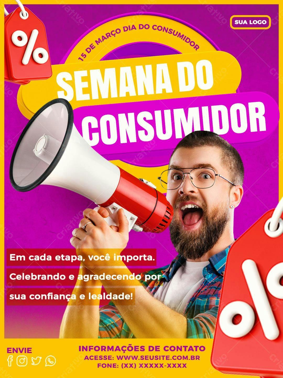 Homem com megafone Semana do Consumidor
